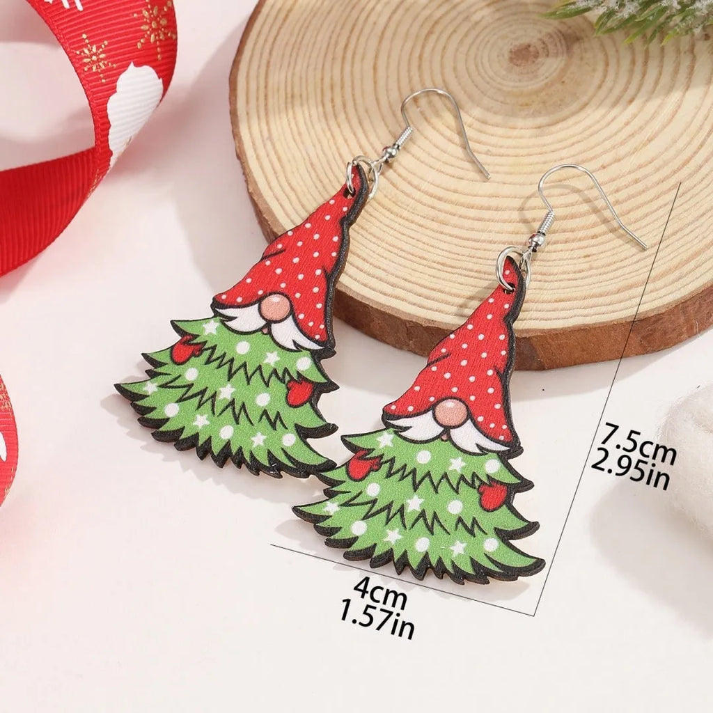 Women's geometric wooden Christmas earrings with printed tree and snowman designs