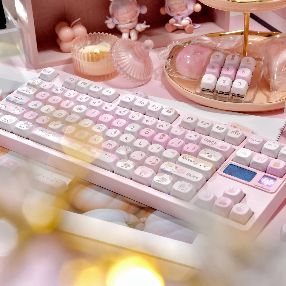 MOA height pink plastic key caps with cartoon sublimation printing on five sides