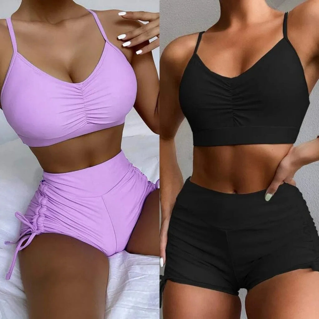 Women's high waist split bikini set in purple and black with nylon spandex lining for swimming