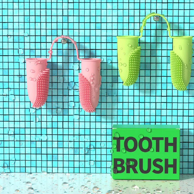 Double finger pet toothbrush set in TPR material for dog and cat teeth cleaning.