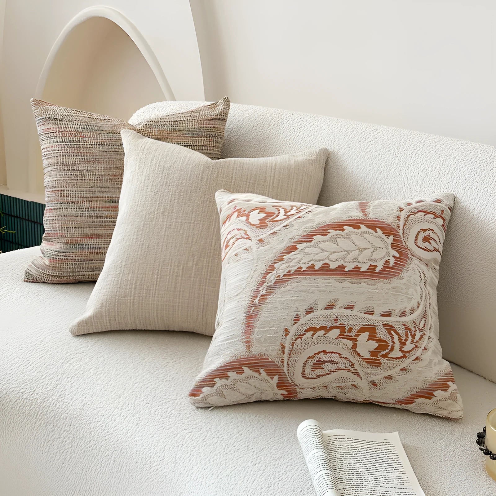 American-style jacquard throw pillow cover with paisley pattern in amber tones, shown in square and rectangular sizes.