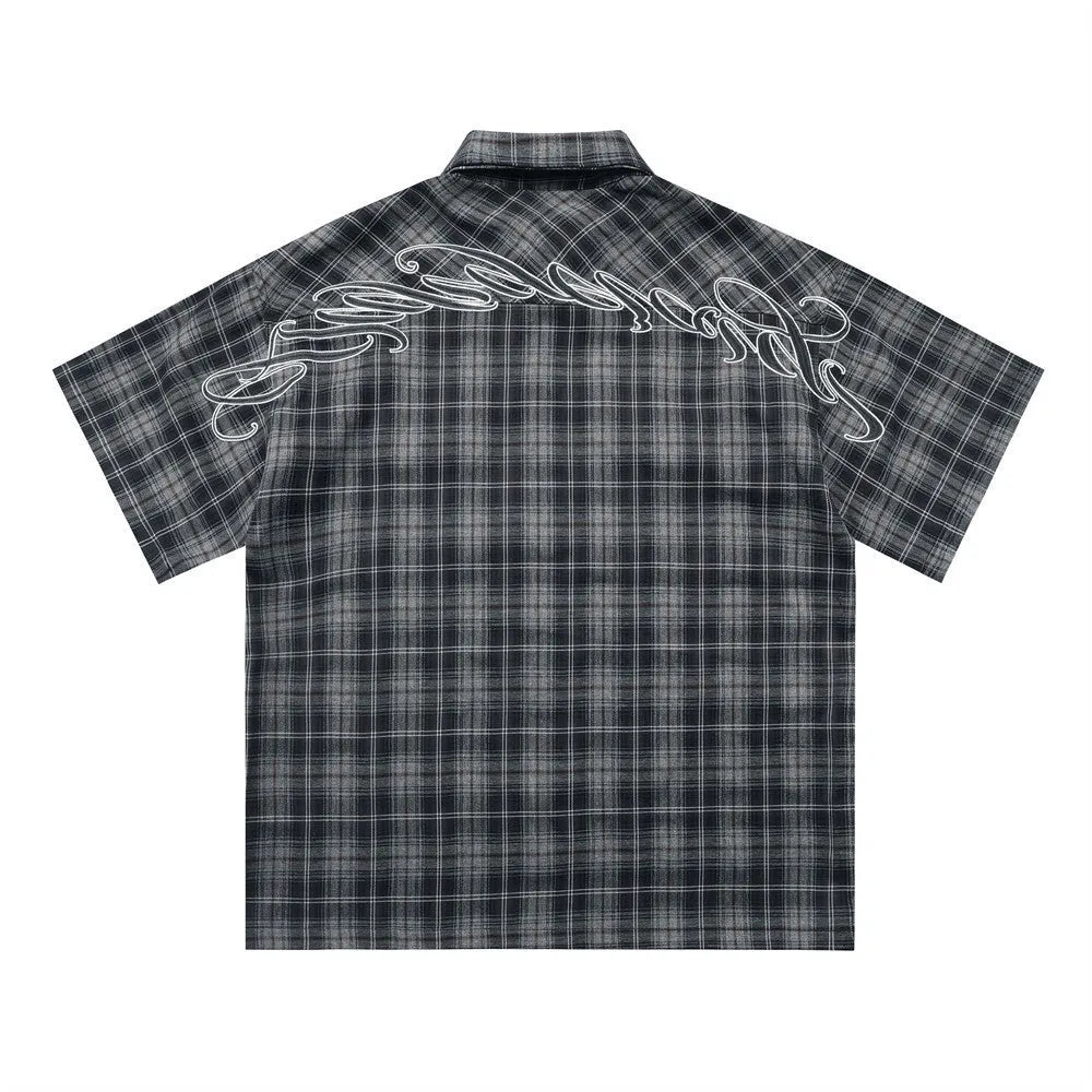 Men's short sleeve plaid shirt with letter embroidery and lapel collar in black or brown cotton blend fabric