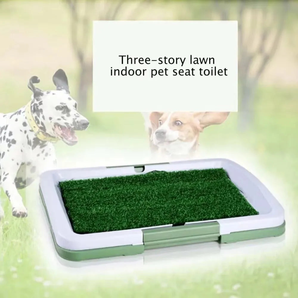 Green synthetic turf dog toilet training tray with removable plastic waste container