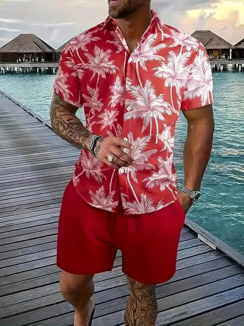 Men's 3D printed Hawaiian style short sleeve lounge suit with matching shorts on a mannequin