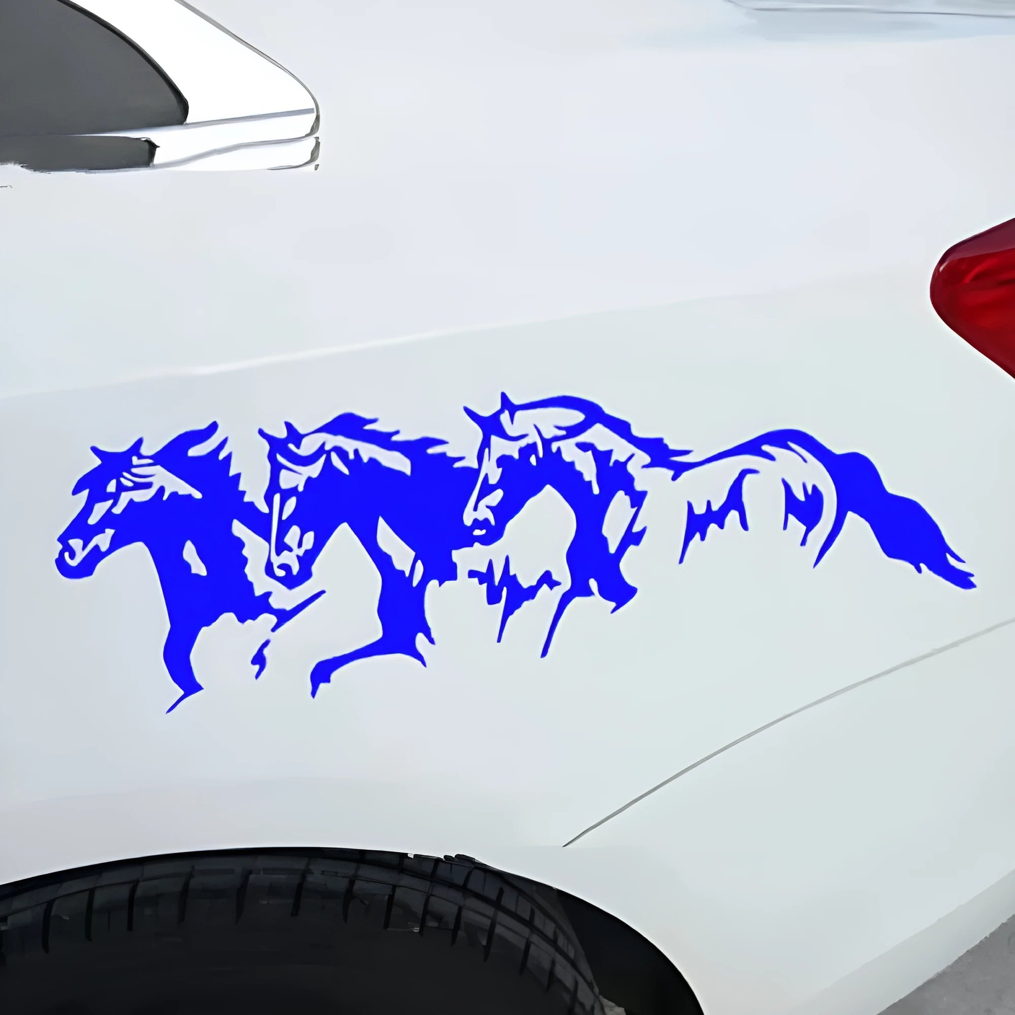 Black, white, red, and blue versions of a 25x8cm steed horse auto decal for vehicles.