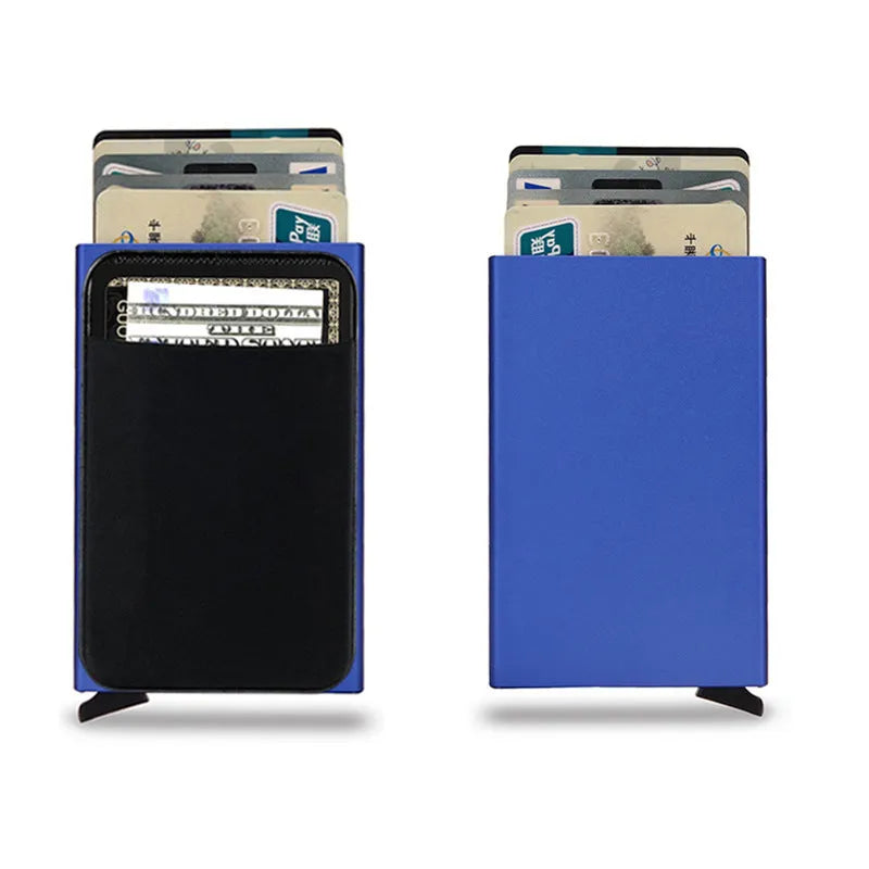 Frosted aluminium metal credit card holder in multiple colours showing slim profile