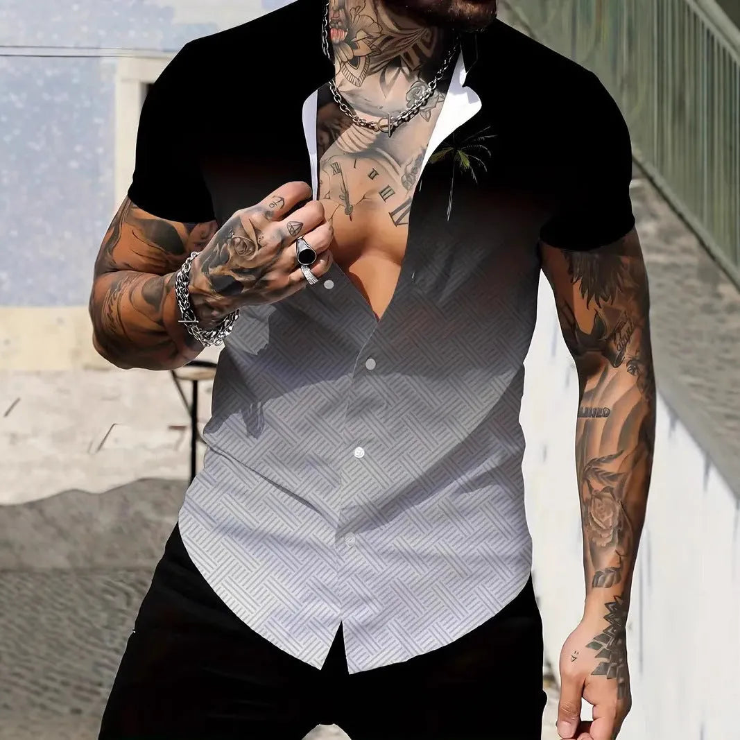 Men's slim fit short sleeve shirt featuring a geometric line print on the lapel.