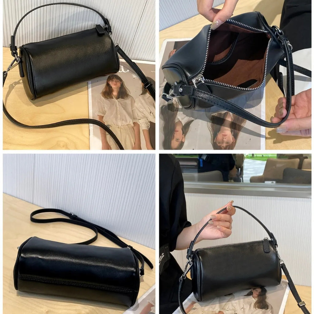Soft genuine leather cylindrical crossbody bag for mobile phones in brown colour with visible stitching.
