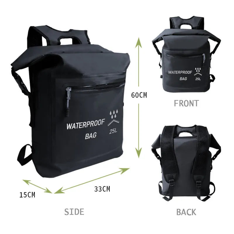 Black 25L outdoor waterproof backpack for swimming river tracing rafting