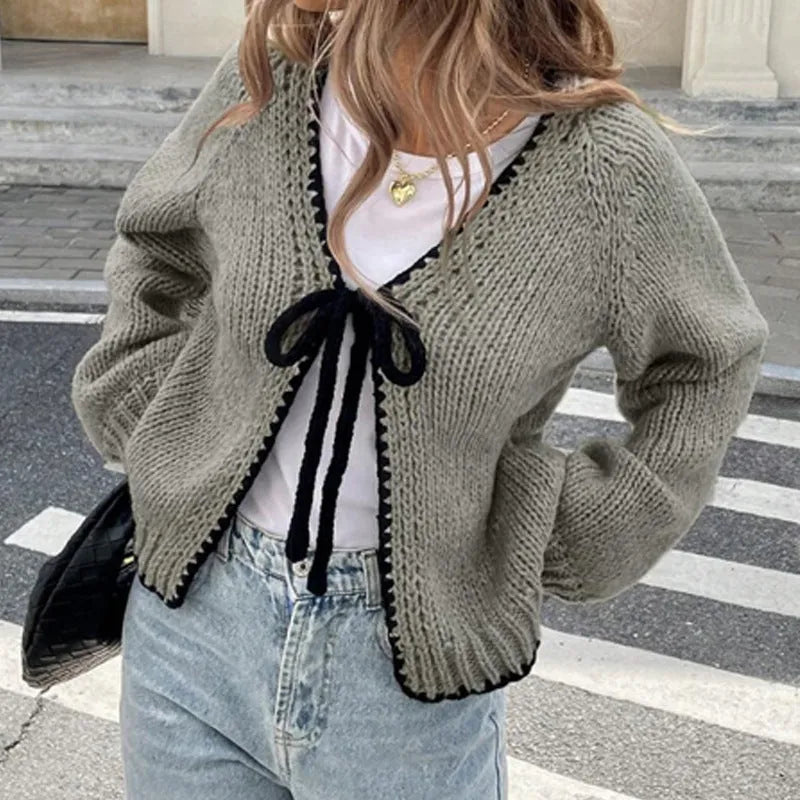 Gray lace-up cardigan sweater with crochet flower detail and loose long sleeves