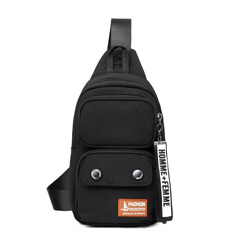 Outdoor leisure crossbody bag with letter pattern in black with contrast colour options