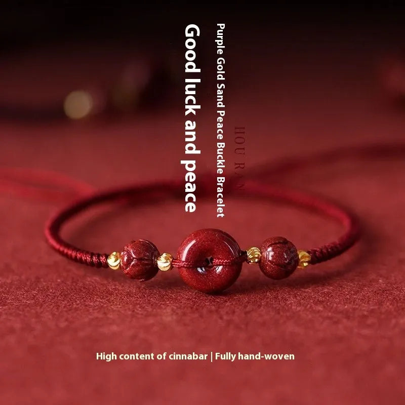 Cinnabar safety buckle bracelet with heart-shaped charm on rope cord