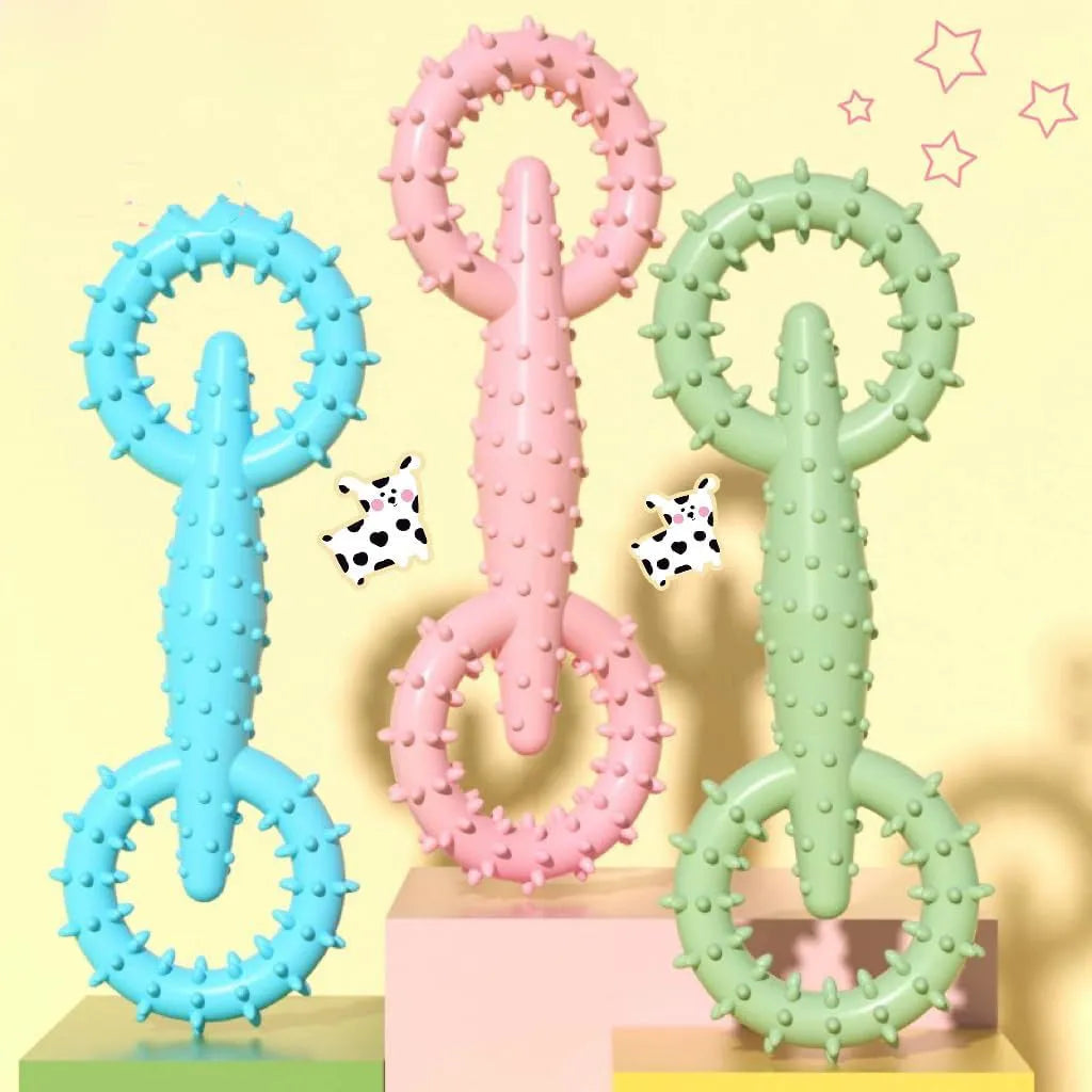 Blue TPR dog chew toy ring for teething puppies on a white background.