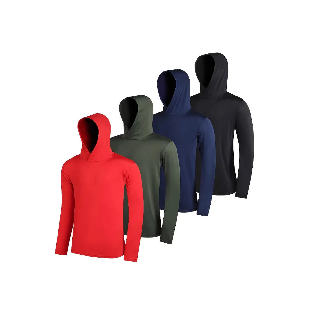 Men's lightweight polyester hoodie four-piece set in multiple colours showing hooded and non-hooded styles.