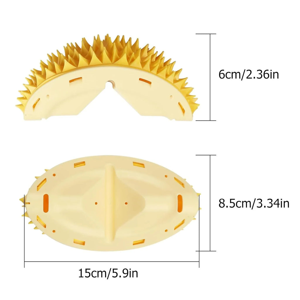 Yellow durian-shaped cat corner scratcher and grooming toy mounted on a wall.