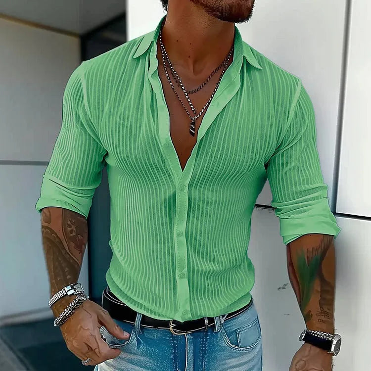 Men's striped cardigan long sleeve shirt with 3D pattern design in chemical fibre blend fabric