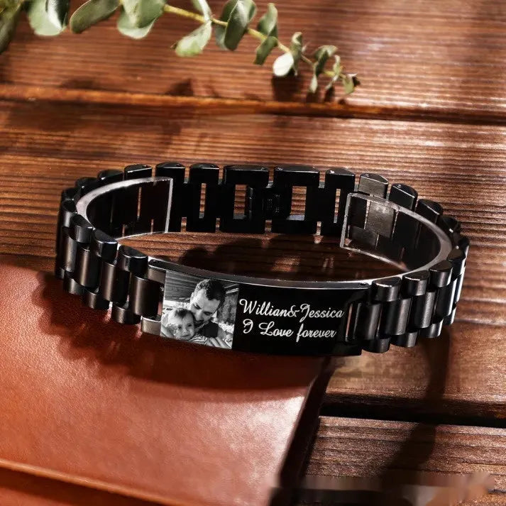 Titanium steel men's bracelet with curved heart shape and electroplated black lettering in gift box