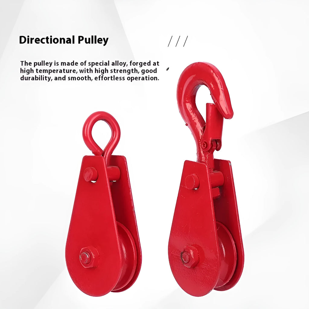 Red industrial lifting pulley with safety latch, forged from A3 steel.