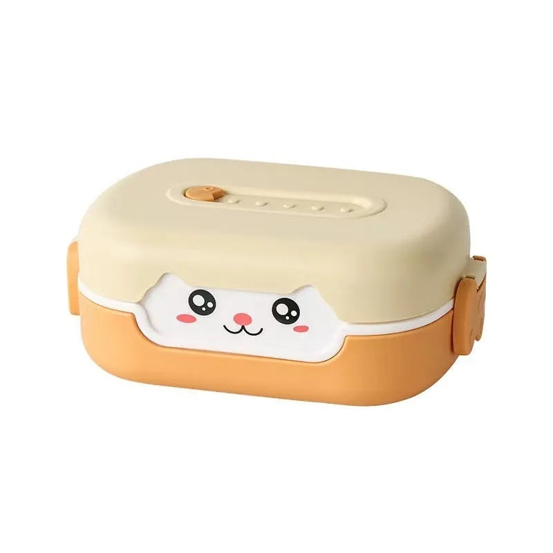 Square plastic divided lunch box with cartoon styling and microwave compatibility