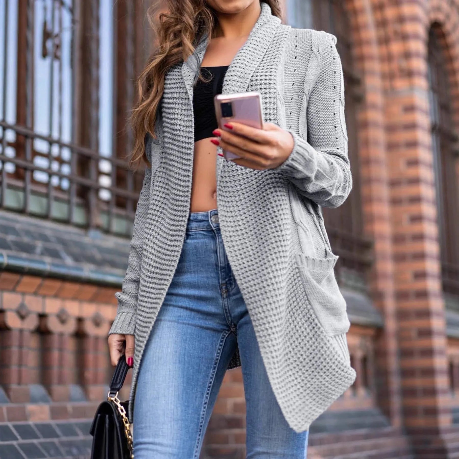 Grey women's loose cardigan coat with pockets, 65cm length, thick viscose fibre construction