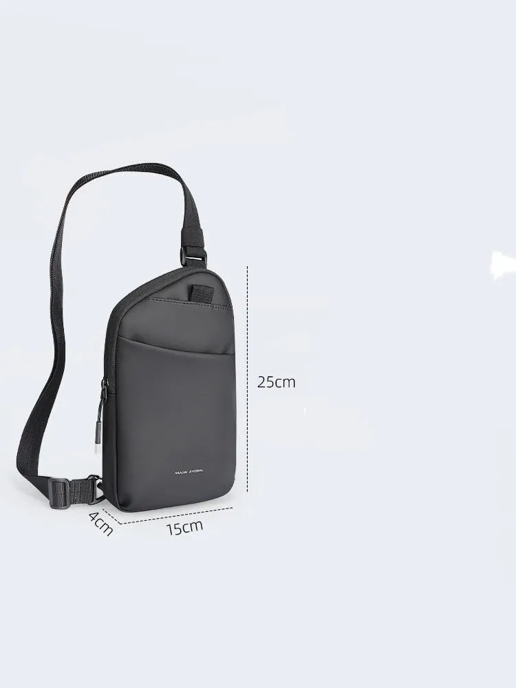 Men's black Oxford cloth crossbody bag with simple design showing sewing thread detailing and wear-resistant construction