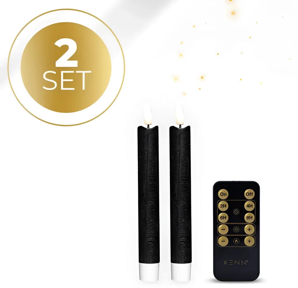 Black S2 3D Flame LED taper candle showing realistic flickering light effect.