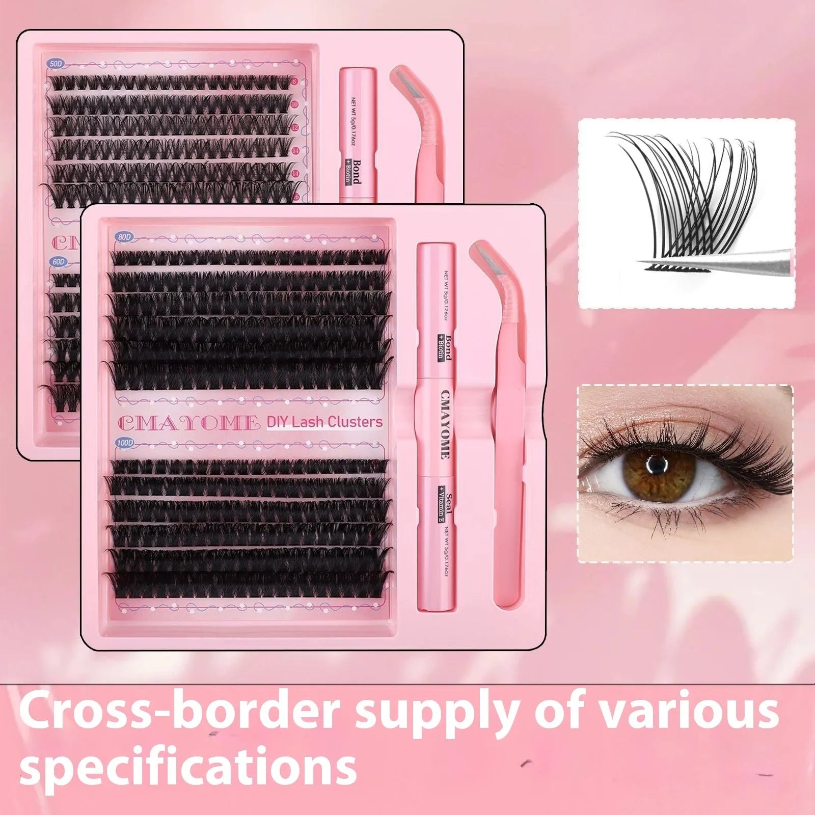 Set of DIY single cluster individual false eyelashes in natural thick mixed split type on a clear tray.