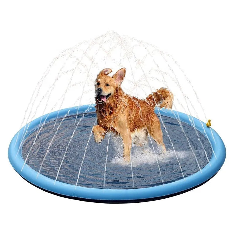 Anti-slip dog splash pad sprinkler toy on grass, showing textured PVC surface and hose connection.