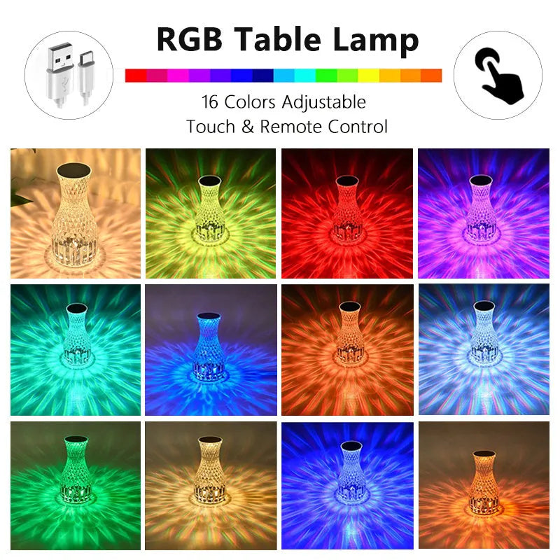 Vase-shaped transparent crystal table lamp with LED colour-changing lights on wooden surface