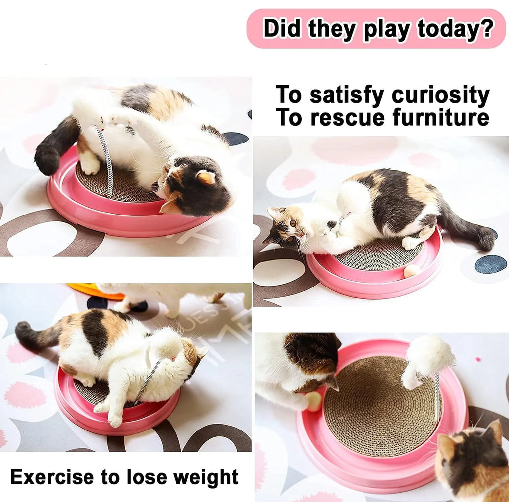 Blue interactive cat scratcher toy with a ball in a track and a corrugated cardboard scratch pad