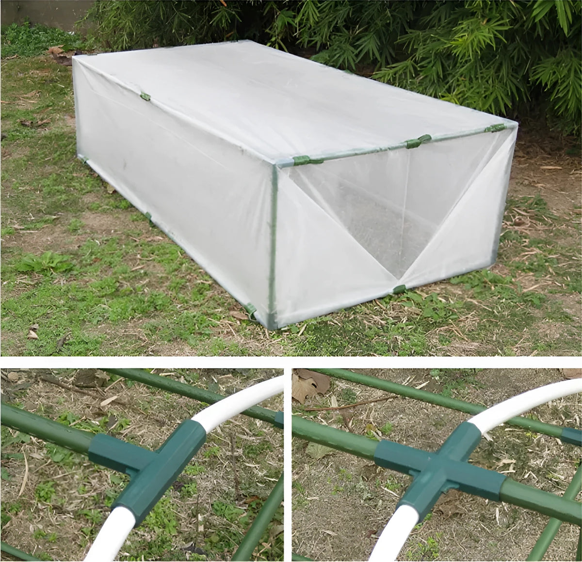 Two white PP plastic garden connectors, one with three arms and one with four, for connecting 11mm plant support stakes.