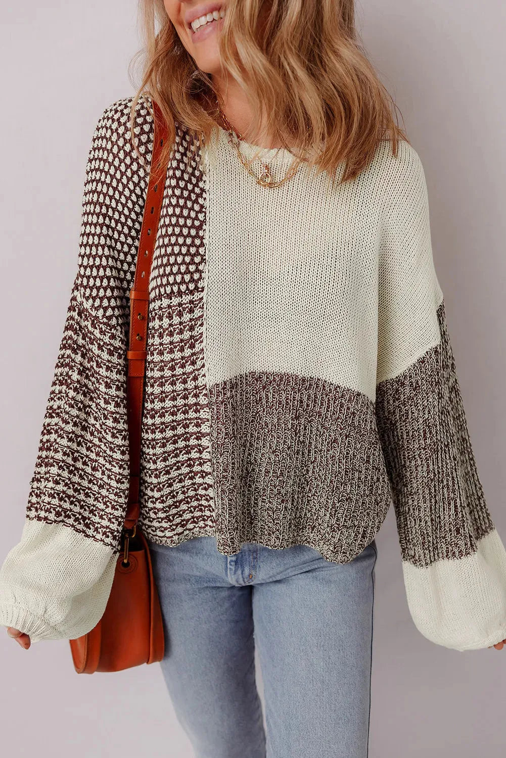 Dark khaki colour block loose knit sweater with drop shoulders and a back tie detail.