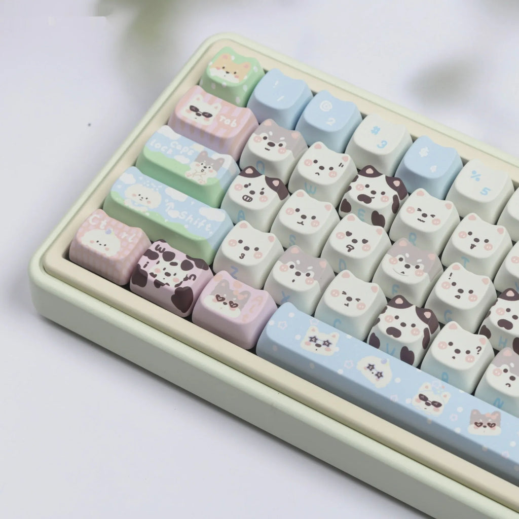 Full set of colourful PBT key caps for mechanical keyboards featuring cute puppy designs.