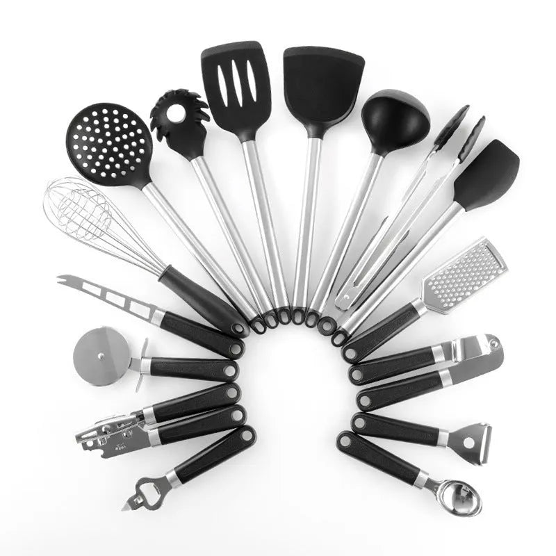 Black silicone-tipped cooking utensils with stainless steel handles, 16-piece set