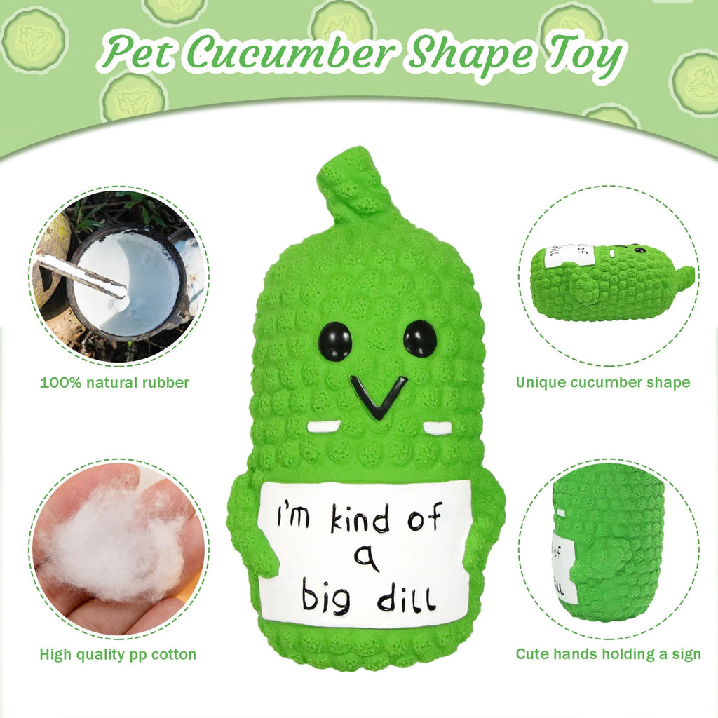 Green latex pickle-shaped dog chew toy with surface nubs and a squeaker inside.