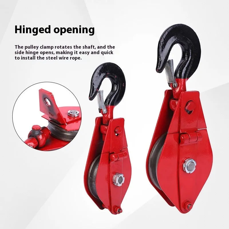 Red industrial lifting pulley with safety latch, forged from A3 steel.