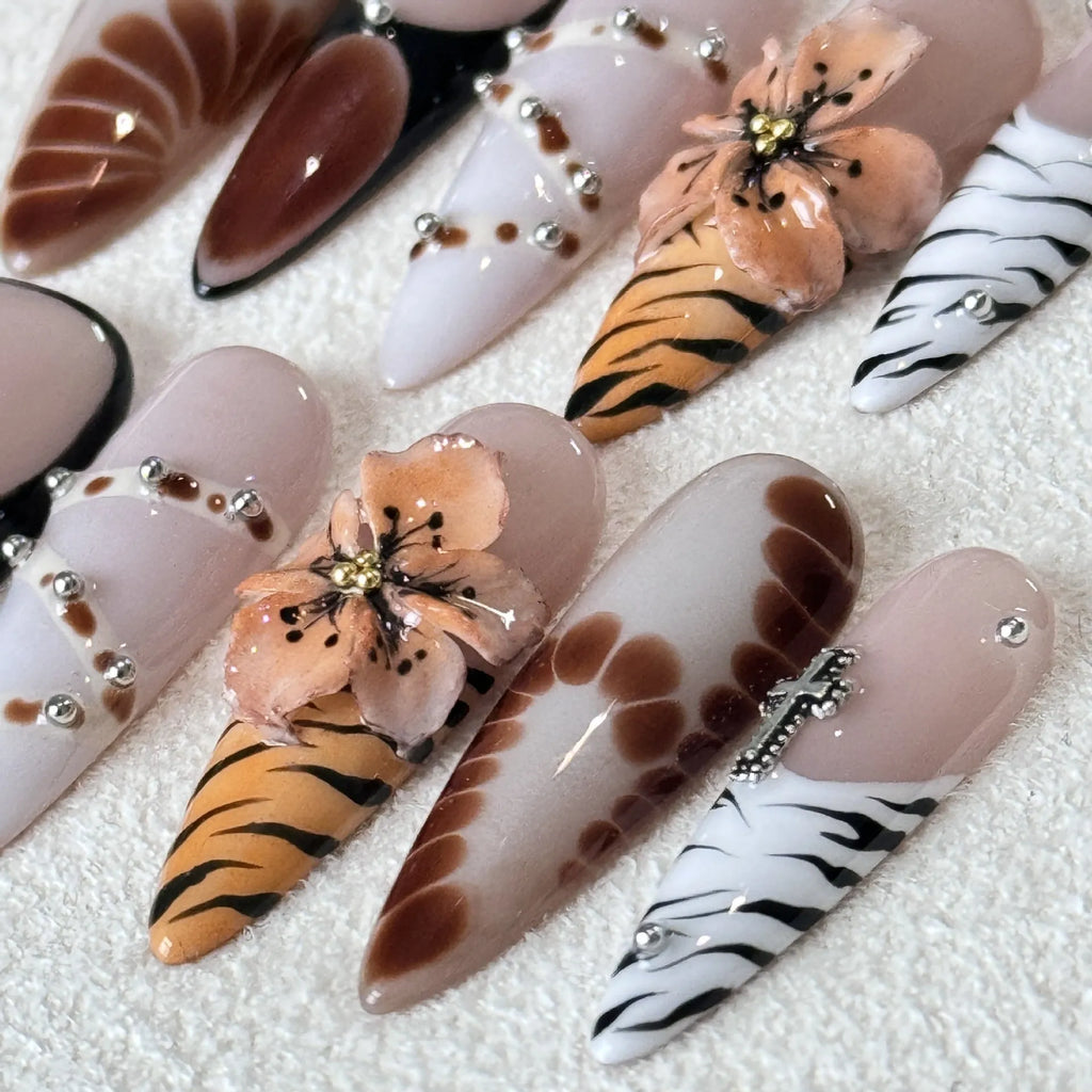 French style leopard print nail stickers with cross and flower patterns in 10-piece set