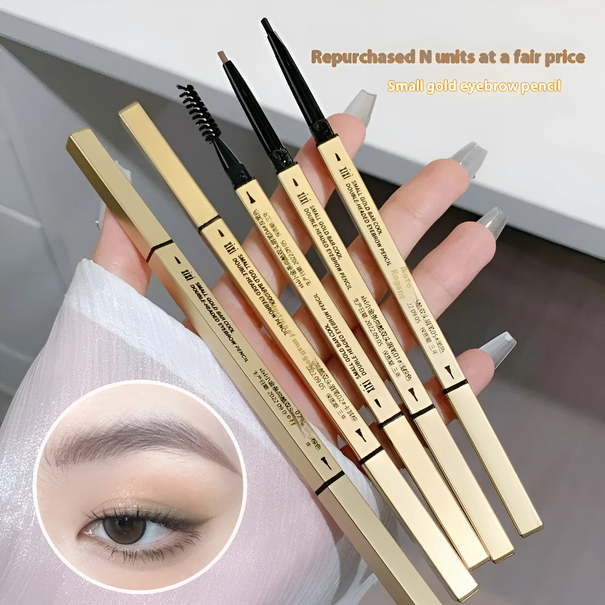 Gold ultra-fine eyebrow pencil showing five colour shades: light brown, kaki brown, dark brown, grey black, black