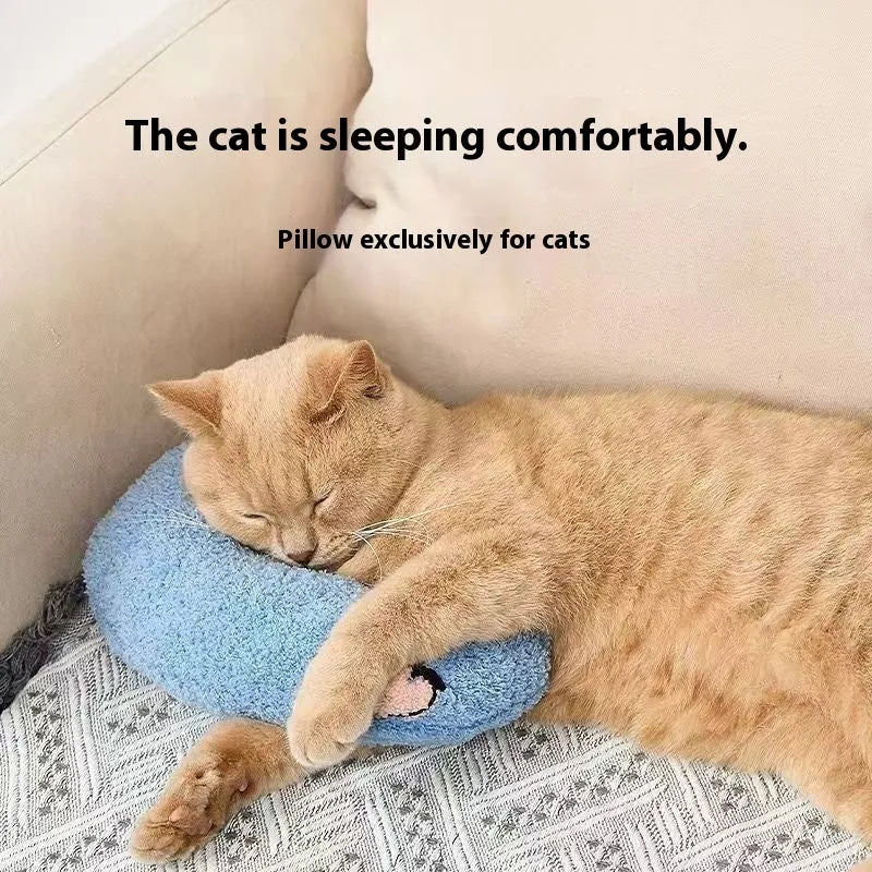 Blue U-shaped cat pillow with neck support design next to yellow question mark pet pillow