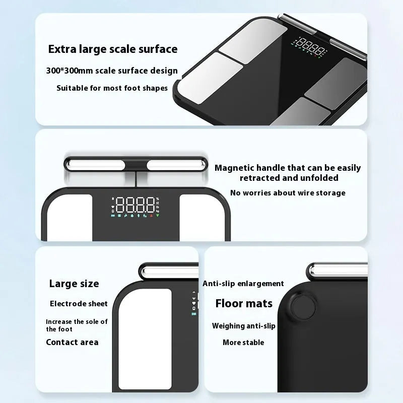 Black electronic weighing scale with tempered glass platform and colour display showing body metrics