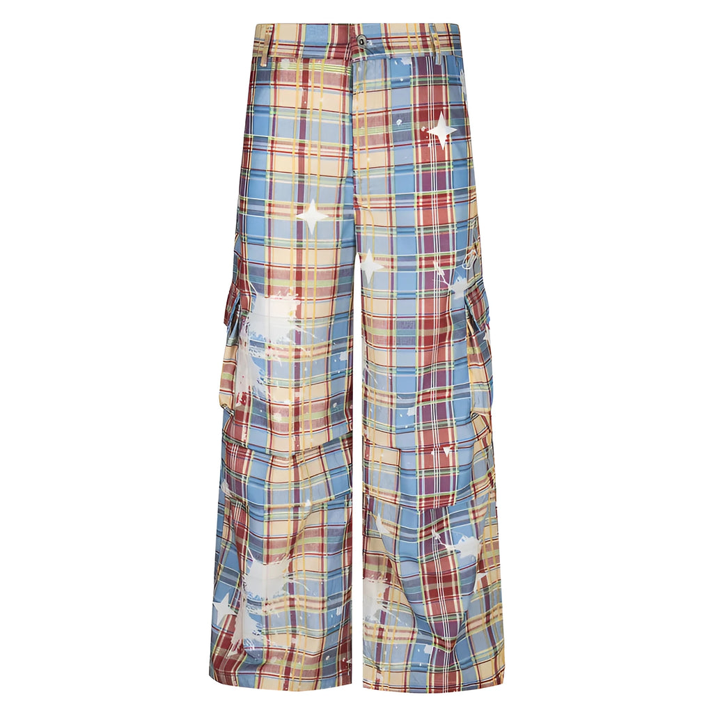 Men's blue plaid casual trousers with loose straight-leg design and mid-waist fit