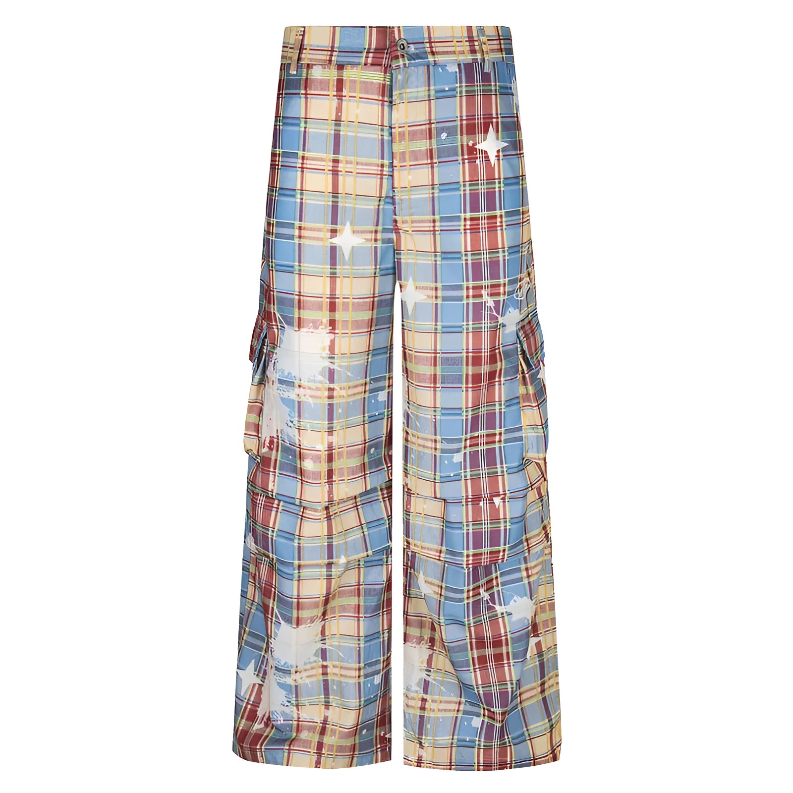 Men's blue plaid casual trousers with loose straight-leg design and mid-waist fit
