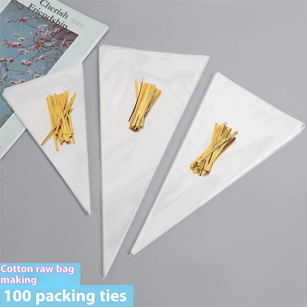 Clear triangle plastic packaging bag with twisted tie wire closure shown next to untied bag