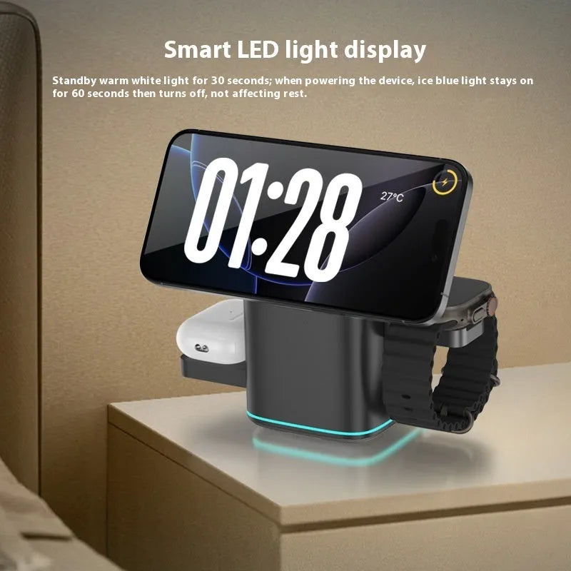 Black magnetic wireless phone charging stand showing 180-degree rotation on a desk
