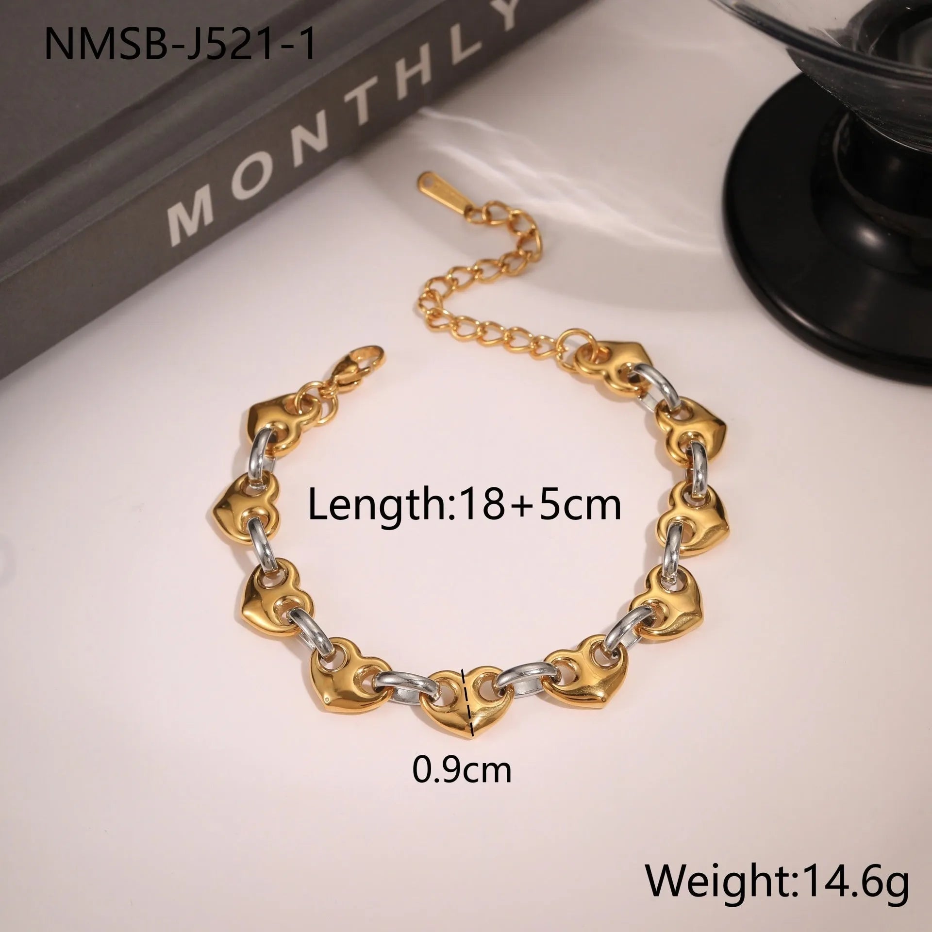 Women's hollowed-out heart bracelet in stainless steel with 18K gold plating showing geometric design