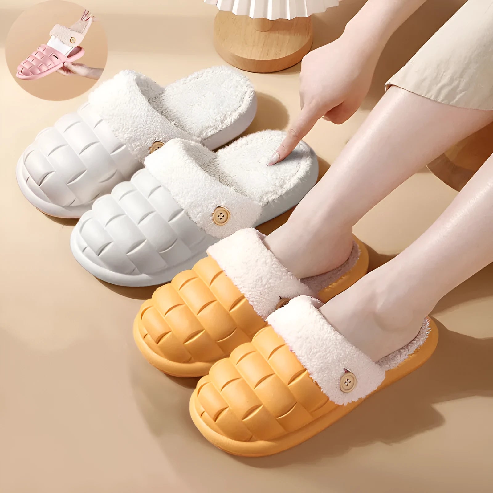 Plaid patterned detachable EVA slippers with plush lining shown in pink, green, yellow, white, grey and black.