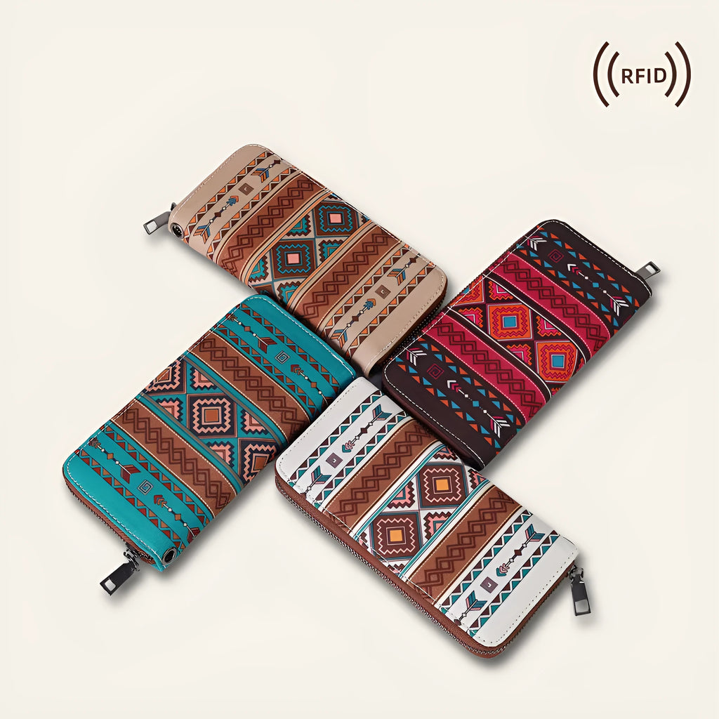 Bohemian stripe pattern canvas RFID-blocking wallet in multiple colour options measuring 20x10x2 cm