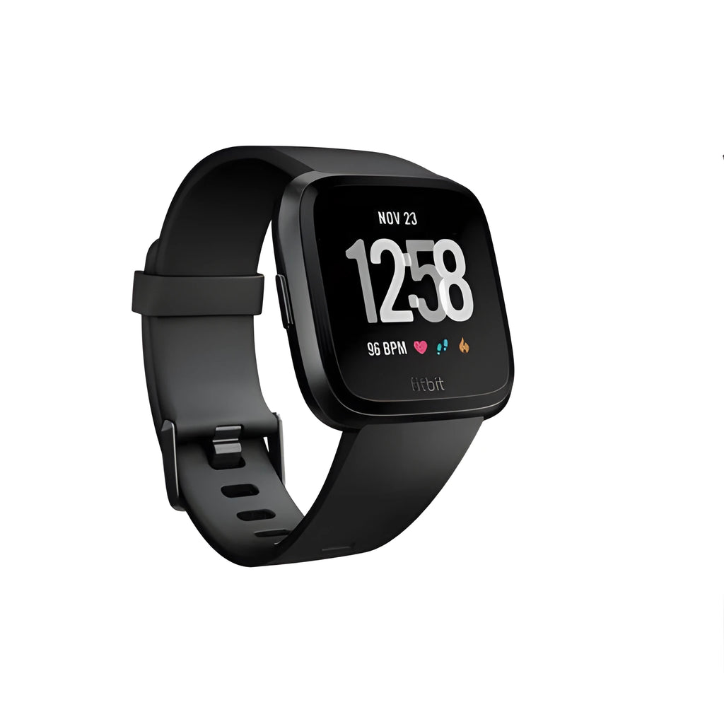 Black smart watch with heart rate monitoring on silicone wrist strap showing 1.4 inch screen
