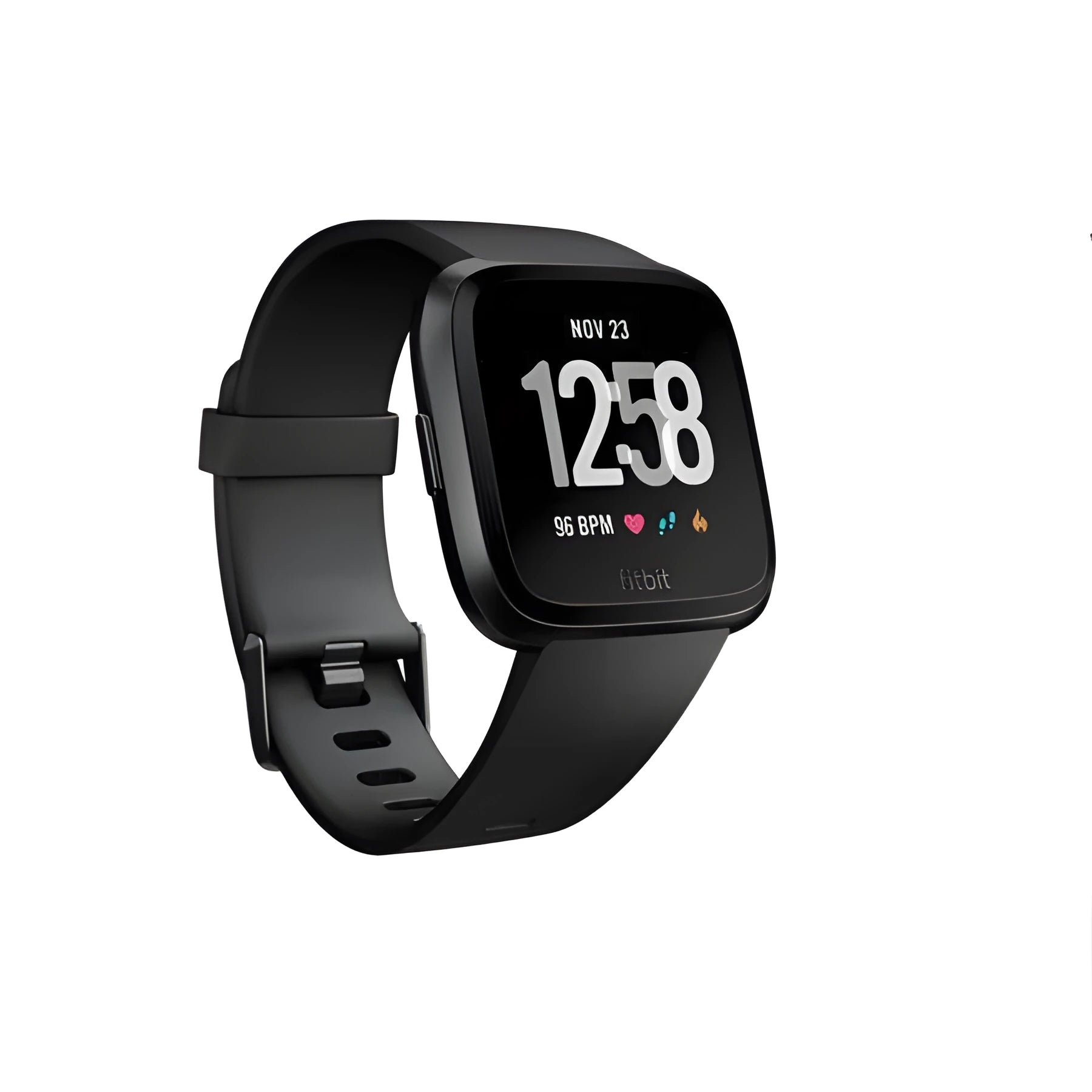 Black smart watch with heart rate monitoring on silicone wrist strap showing 1.4 inch screen