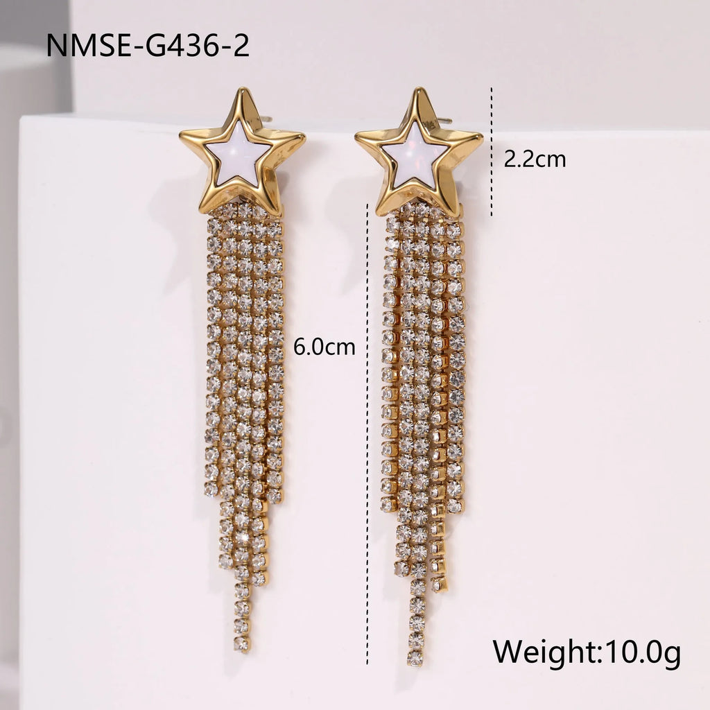 Stainless steel earrings with diamond tassel designs featuring love heart and star geometric shapes